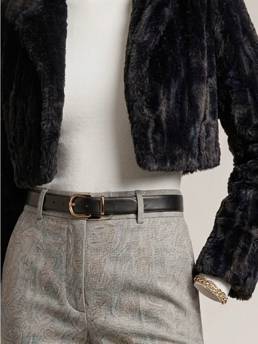 Source Unknown Black Teddy Jacket with Black Leather Belt and Gold Buckle Accent